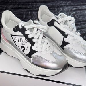 GUESS Women's White and Metallic platform Sneakers